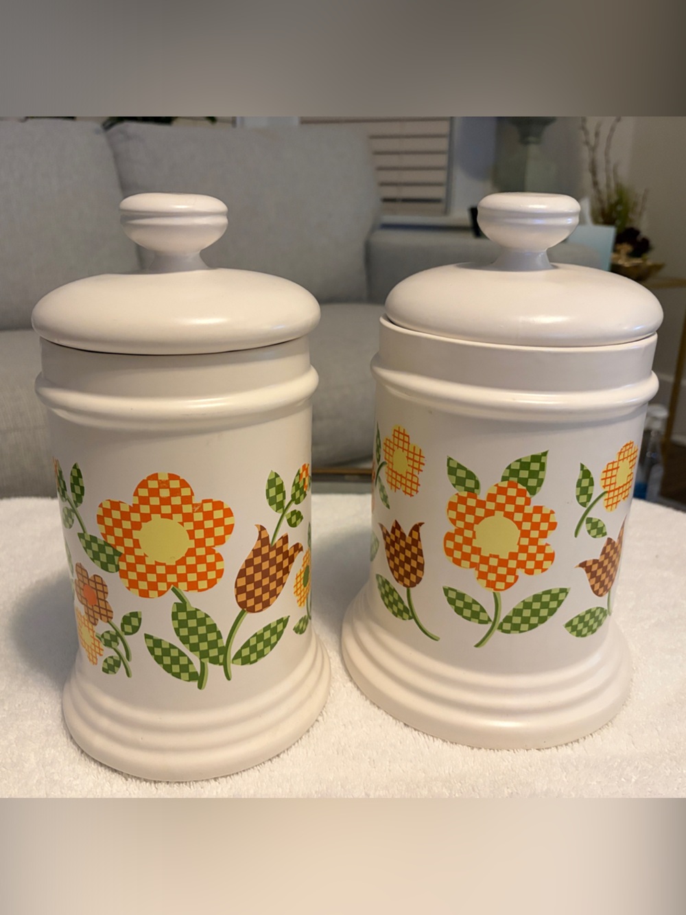 Mccoy Vintage White Ceramic Canister Pair with Orange & Green Floral Motif